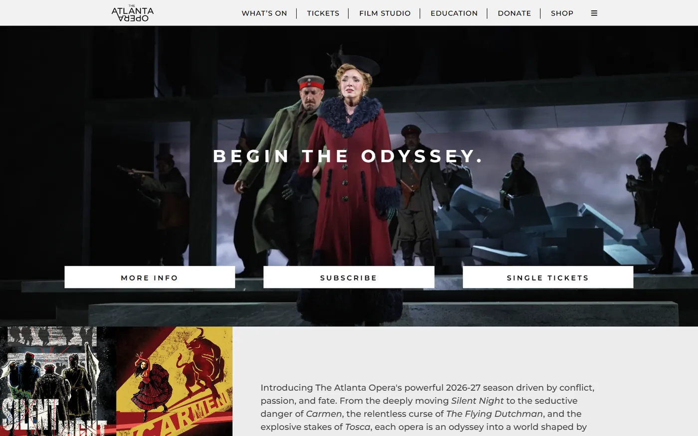 The Atlanta Opera's home page: “Begin the odyssey.” with buttons for more info, subscriptions and single tickets.