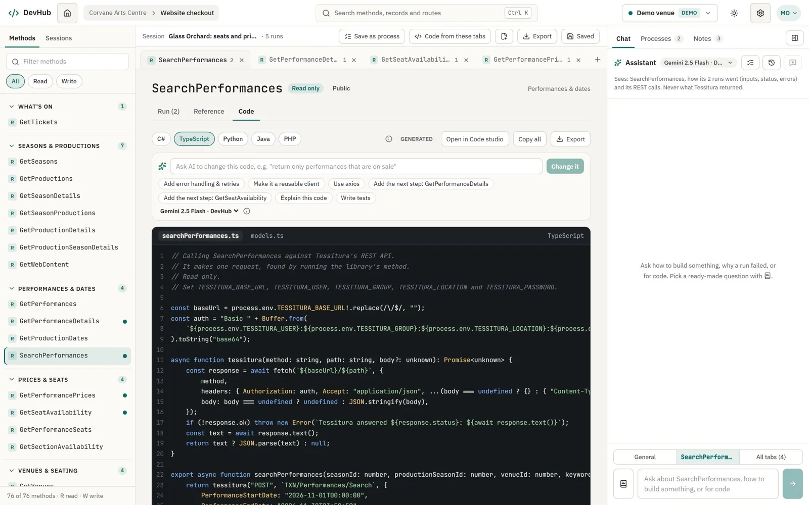 The Code tab for SearchPerformances in TypeScript, with buttons to add error handling, make a reusable client or write tests, and the generated code reading its Tessitura login from environment variables.