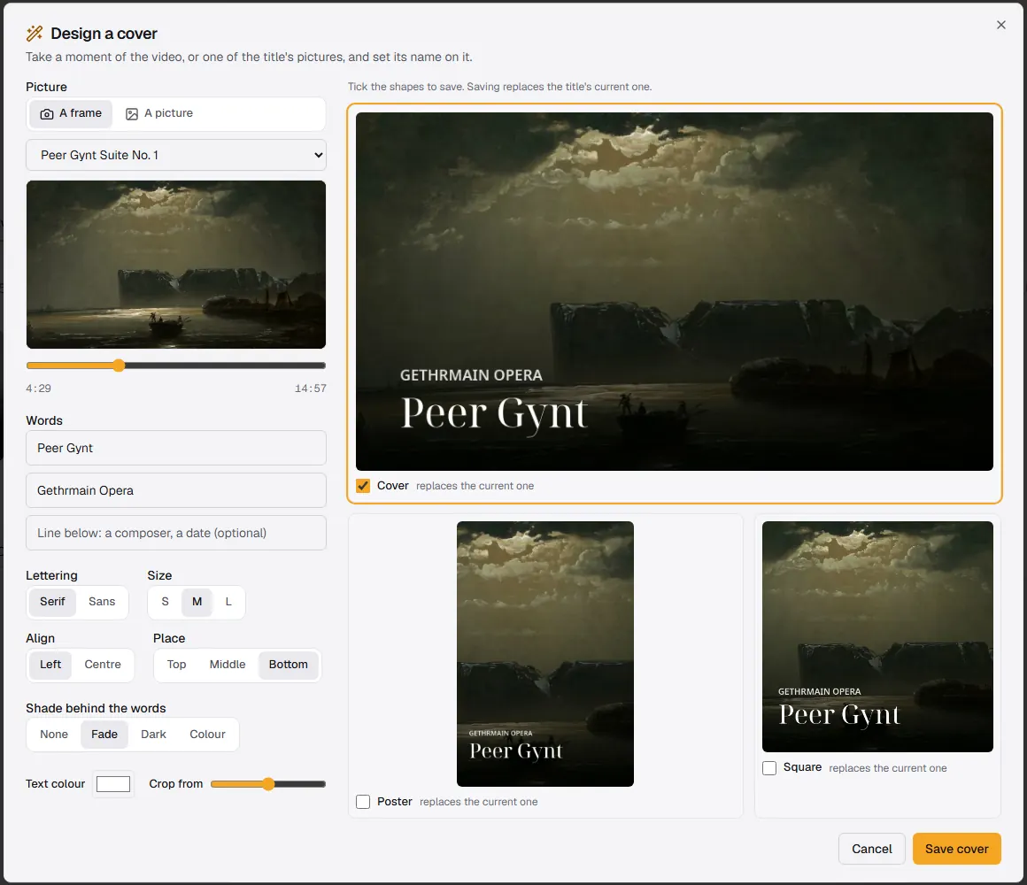 Grab a frame of the film, set the title on it, and save cover, poster and square in one go.