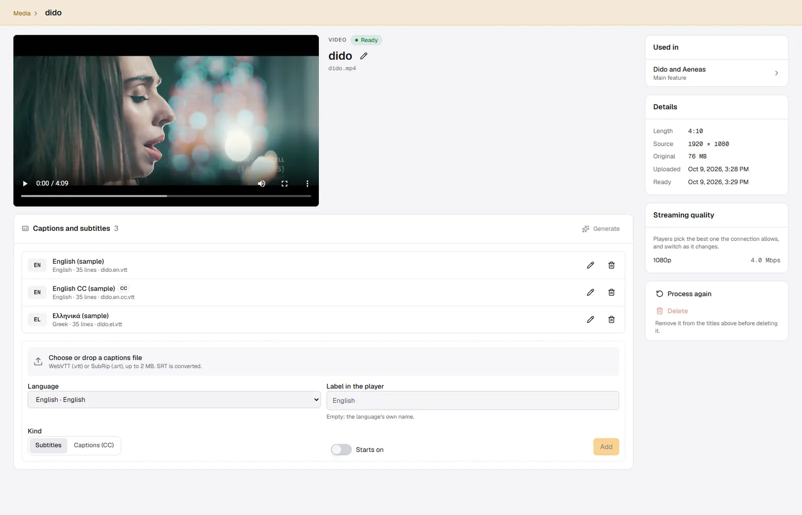 One video: subtitles and captions in each language, its streaming quality, and where it's used.