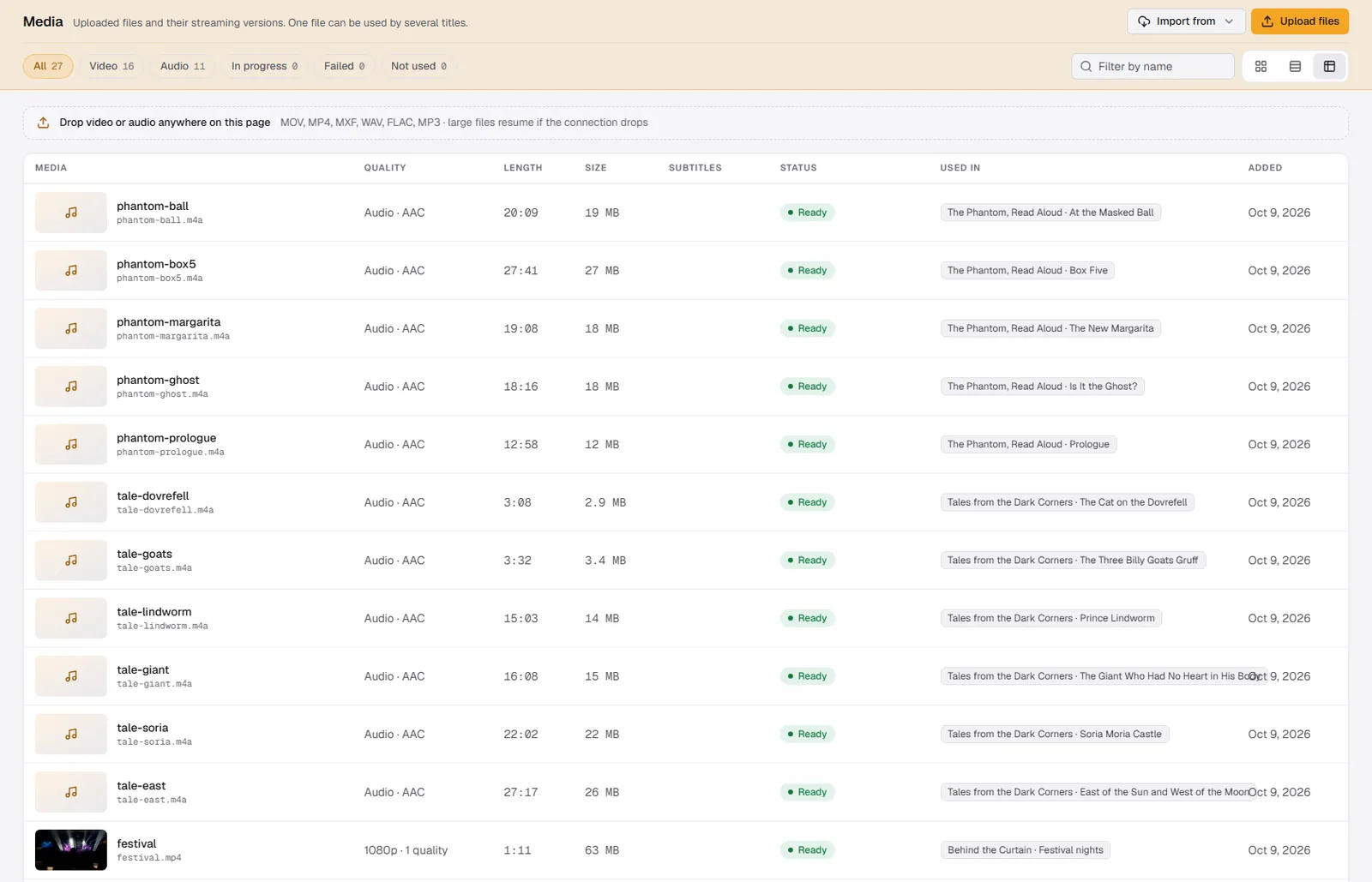 Uploaded files and their streaming versions; large uploads resume if the connection drops.