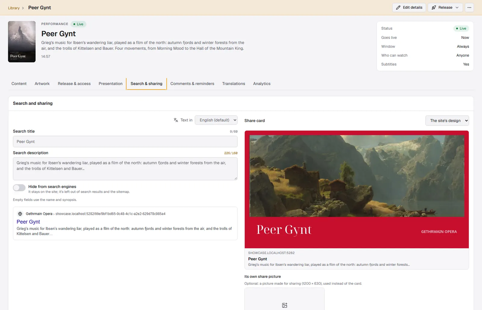 The title in search results and on a share card, previewed as you type.