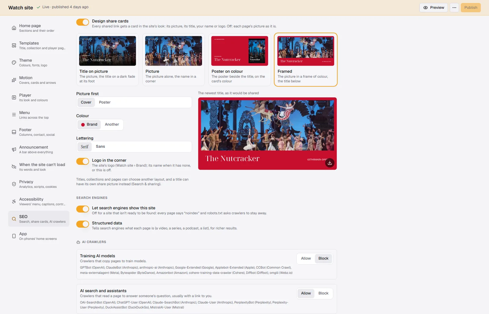 Four share card designs in your colours, search engines on or off, and AI crawlers: allow AI search, block model training.