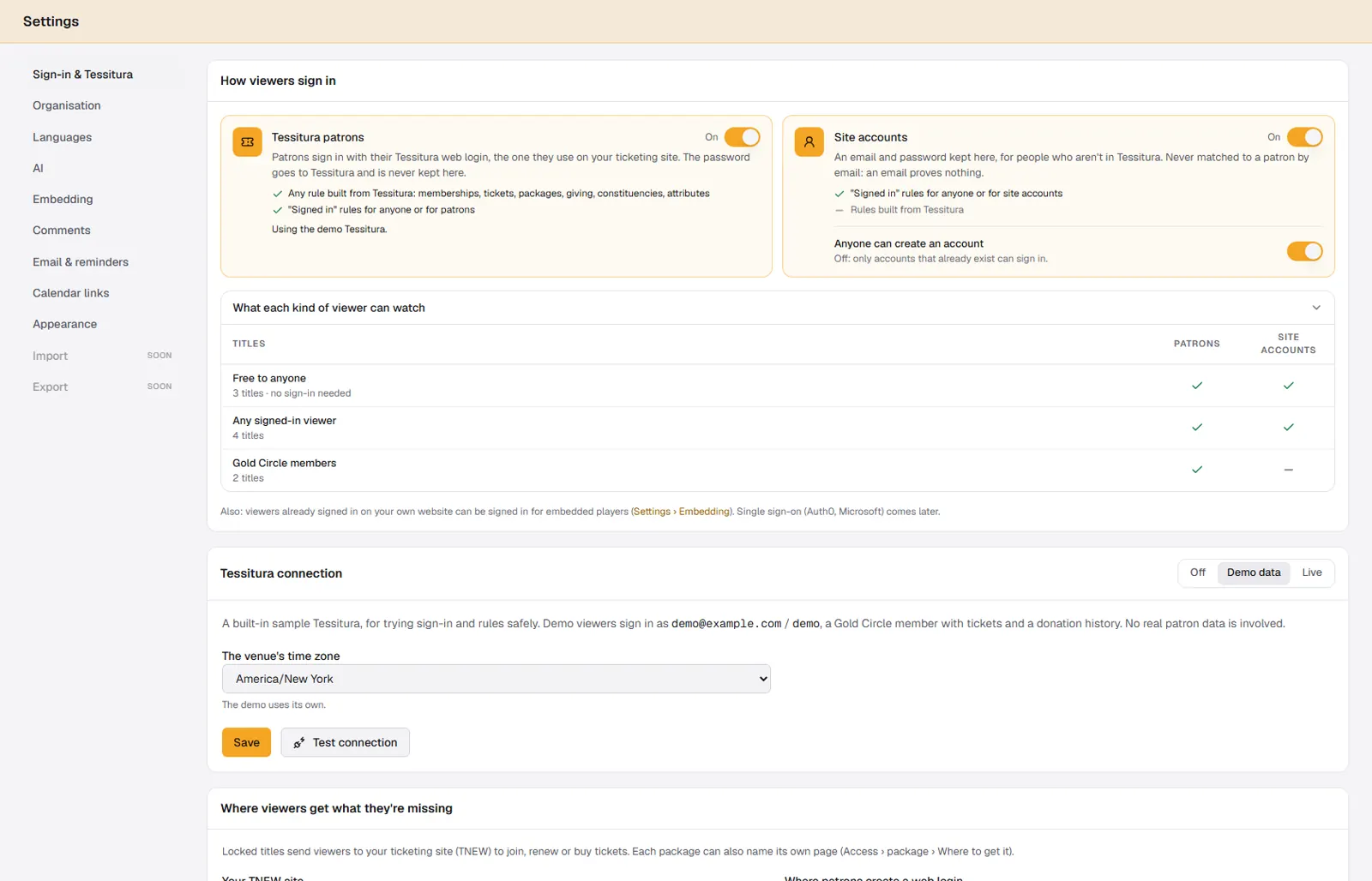 Sign-in settings with Tessitura patrons and site accounts both switched on, and a table of what each kind of viewer can watch.