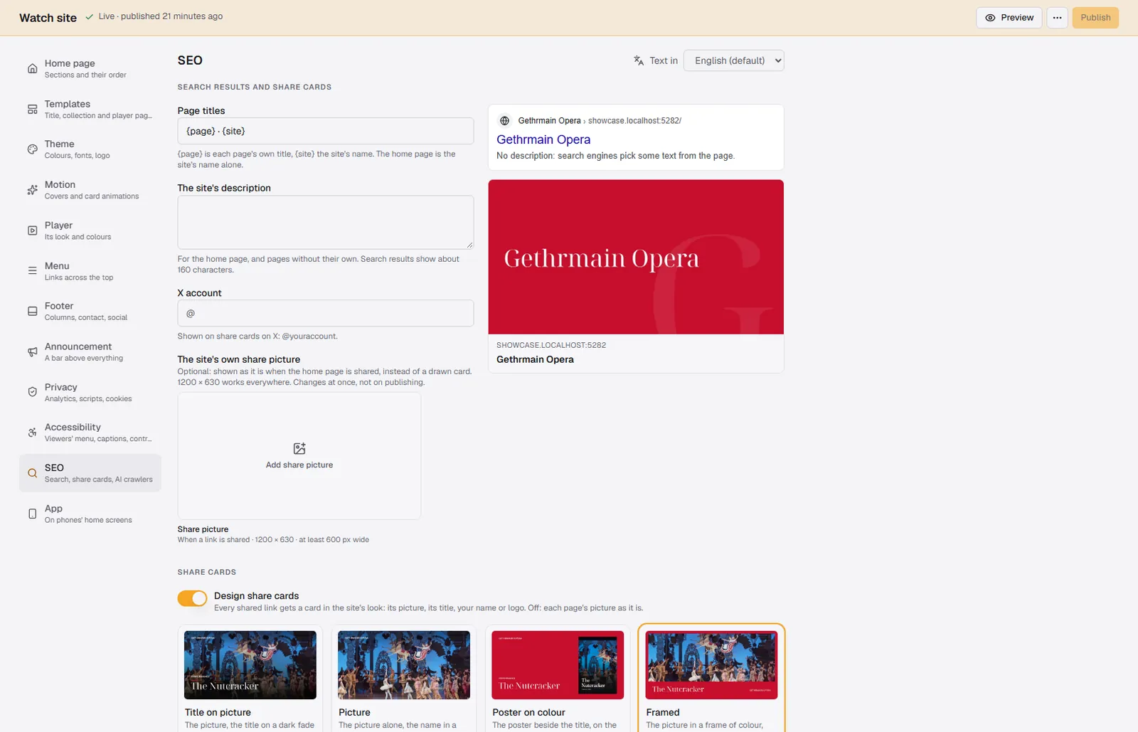 Page titles, the site's description and share cards for the whole site, with a live preview.