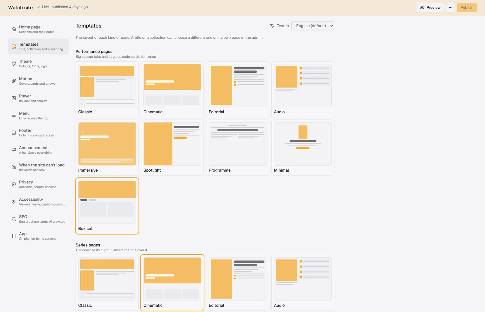 A layout for each kind of page, shown as a drawing: nine for performances, more for series, podcasts, collections and the player.