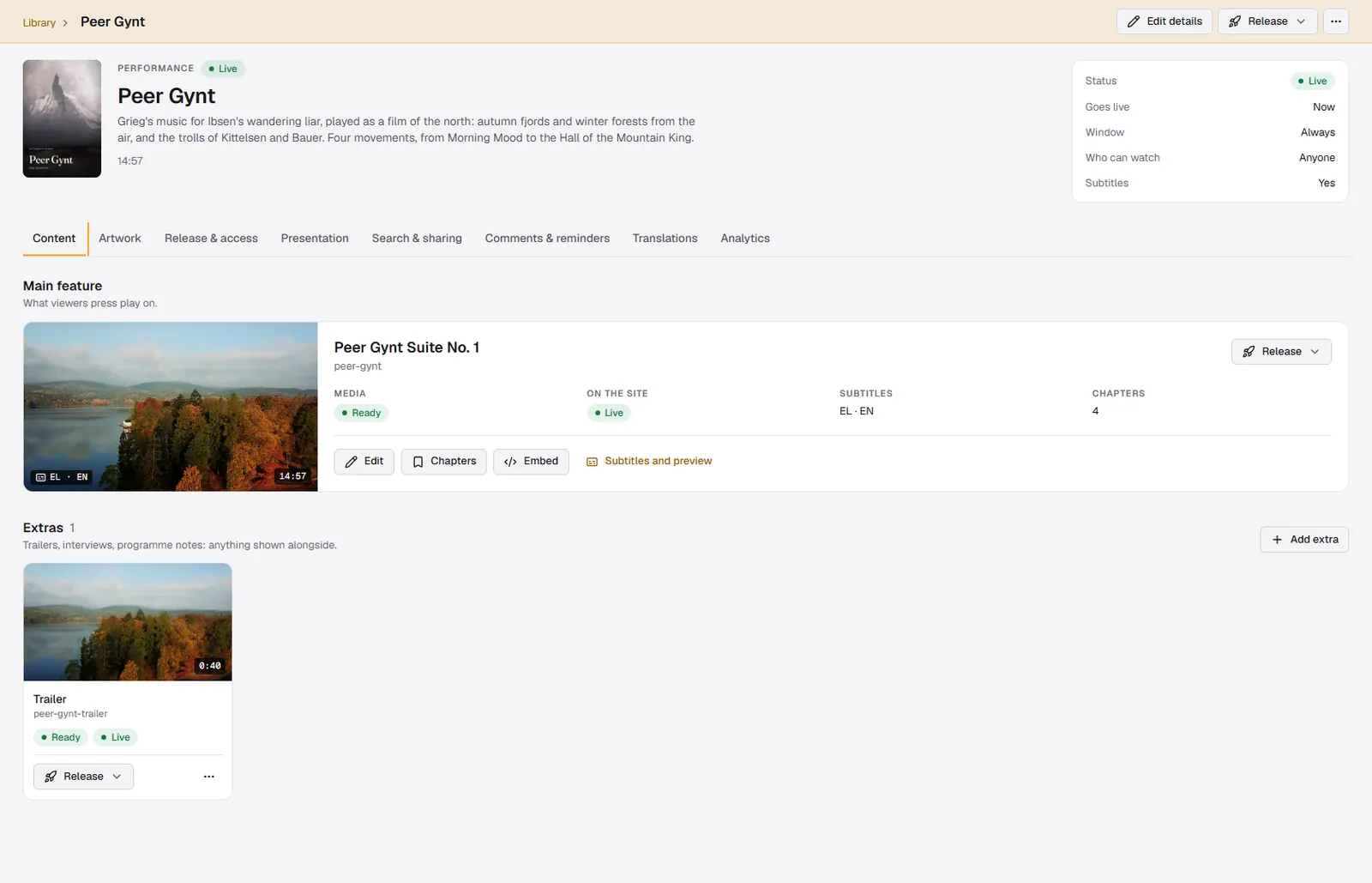A title's main feature with its subtitles and chapters, extras alongside, and an embed code.