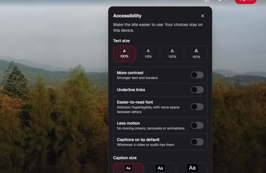 The viewers' accessibility menu open over the home page: text size, more contrast, underline links, an easier-to-read font, less motion and captions on by default.