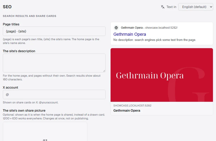 The SEO screen: a page title pattern, the site's description, and a preview of the search result and share card.