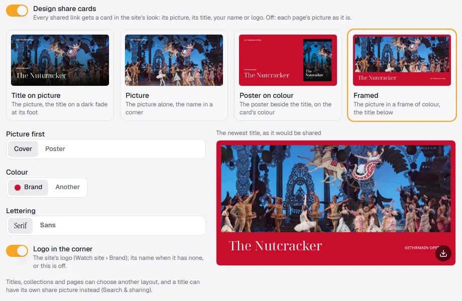 Share card settings: four designs for The Nutcracker, with the Framed design chosen and a large preview of the card.