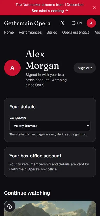 A patron's account on a phone, signed in with their box office account.