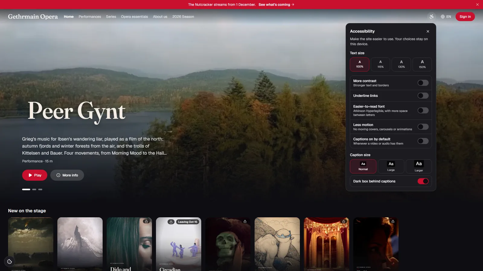 In every header: larger text, more contrast, underlined links, an easier-to-read font, less motion, and captions on by default.