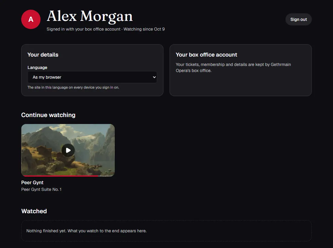 Patrons signed in with their box office account: language, continue watching, reminders.