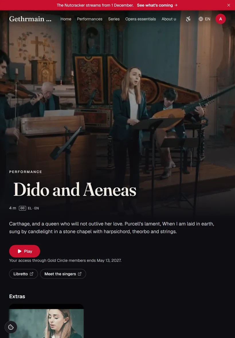 A performance page on a tablet in portrait, with subtitles in Greek and English and the patron's Gold Circle access.