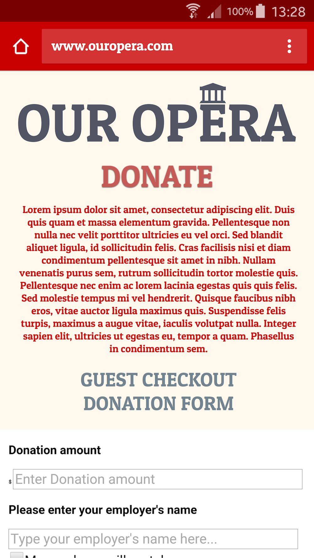 Tessitura Guest Checkout Donations on Android mobile phones